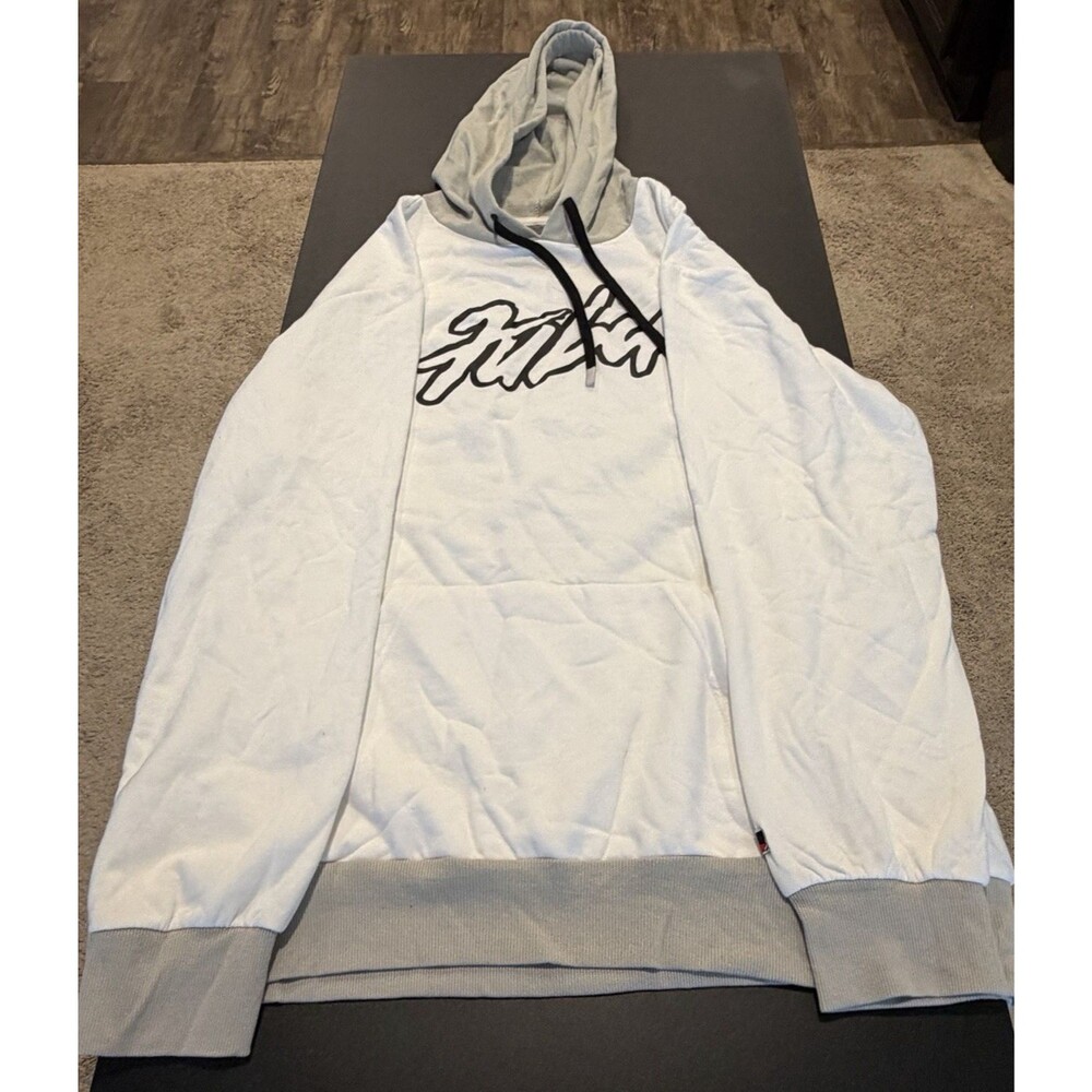 FUBU Men’s 2XL White Gray Pullover Hoodie Spellout Logo Sweatshirt NWT